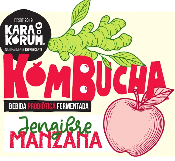 Etiqueta de Karakorum Kombucha sabor Jengibre Manzana