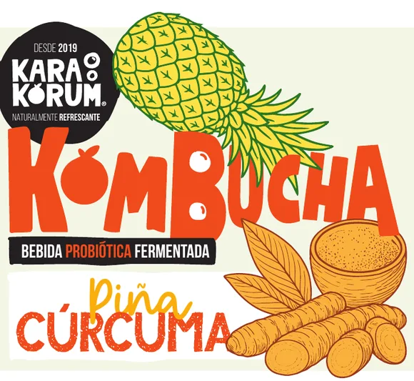 Etiqueta de Karakorum Kombucha sabor Piña Cúrcuma